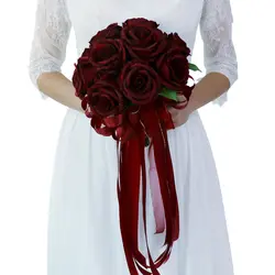 Роскошный свадебный букет из роз шелковые лепестки для свадеб для вечеринок, реквизит для фото цвет красного вина