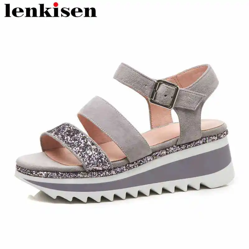 

Lenkisen 2018 kid suede buckle strap solid bling women sandals peep toe wedges med thick bottom fashion preppy style shoes L6f3