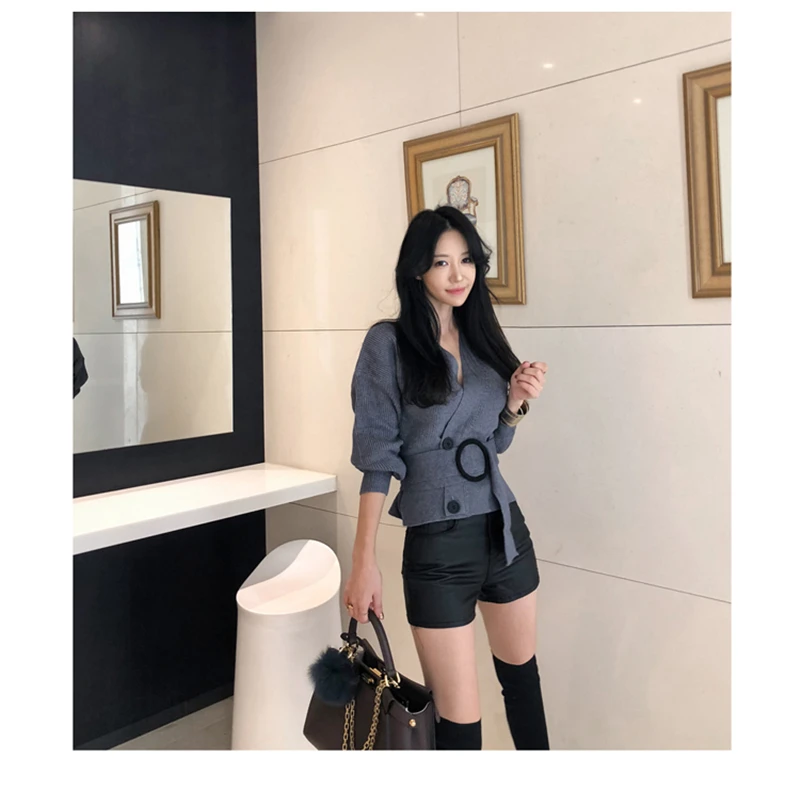 RUGOD корейский элегантный опоясанный Серый кардиган женский сексуальный v-образный вырез длинный рукав вязаный свитер кардиганы Тонкая зимняя одежда Pull Femme