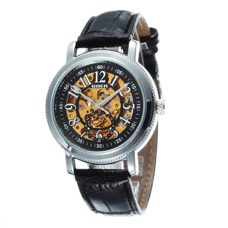 GOER brand Fashion male wrist watch men s watches Mechanical automatic Waterproof Luminous digital Skeleton Leather