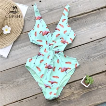 CUPSHE мятно-зеленый/розовый Фламинго высокая нога срезанный цельный купальник женский твист бантик пляжный купальный костюм Монокини Купальники