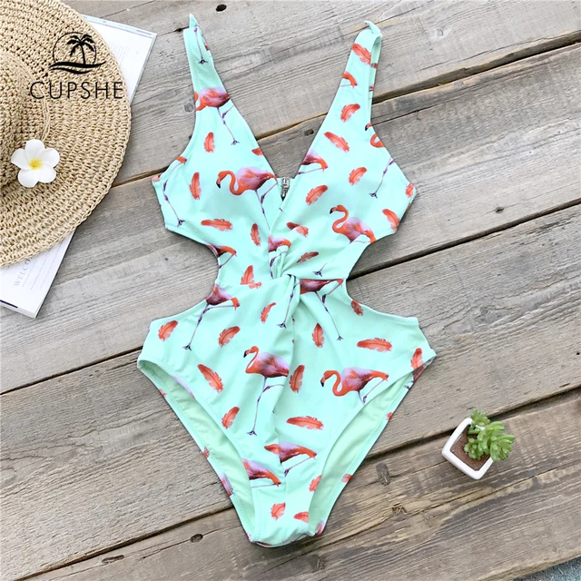 {Excellent|Wonderfull|Very Good|Very Recommended} CUPSHE Mint Green Pink Flamingo High Leg Cut One-Piece Swimsuit Women Twist Bowknot Beach Bathing Suit Monokini Swimwear Limited Price
