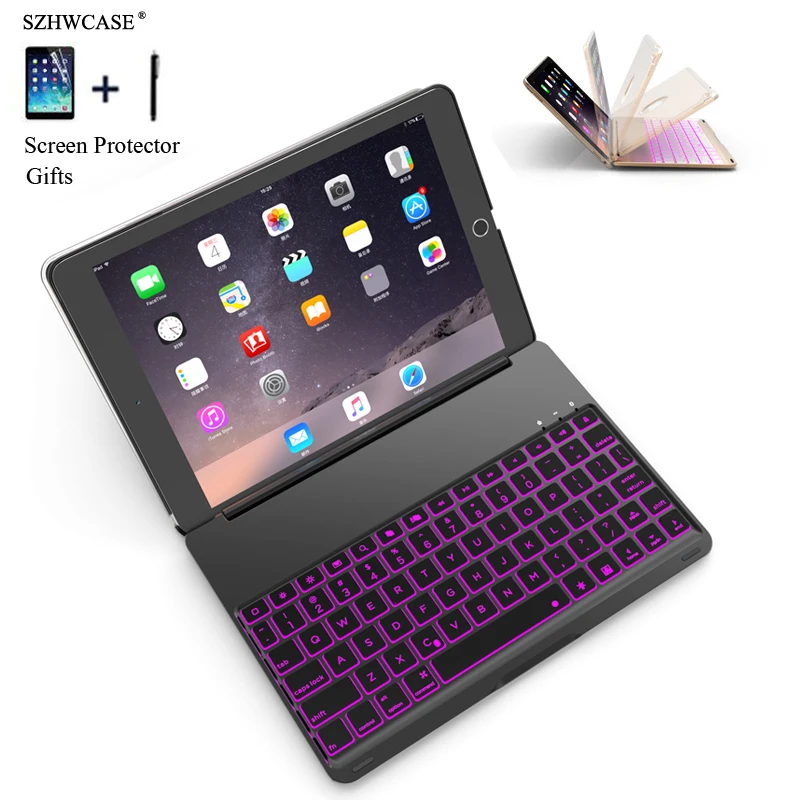 

For iPad 2018 A1893 Colorful Backlight Wireless Bluetooth Keyboard Case Cover For iPad 9.7 2017 A1822 Aluminum Alloy Flip Fundas