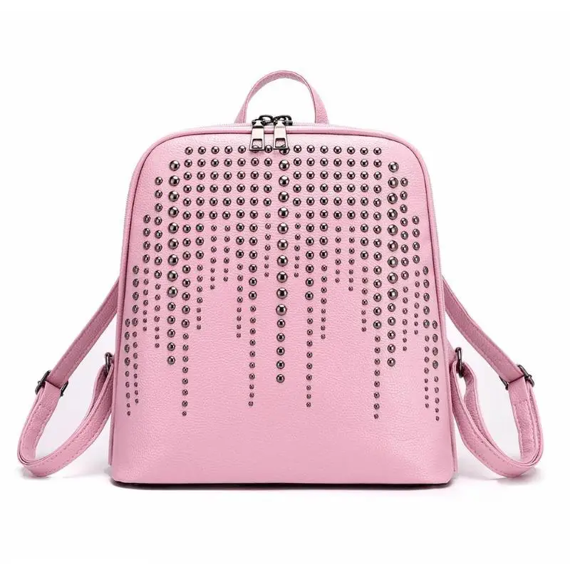 Женская мода Ретро винтажный женский рюкзак из искусственной кожи с заклепками большая вместительность многофункциональные школьные сумки для девочек Новинка - Цвет: Розовый