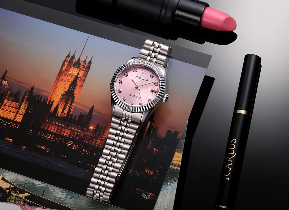 Лидирующий бренд torbollo Серебряного и розового цвета женские вечерние часы кварцевые Дата Кристалл Водонепроницаемый женское платье часы
