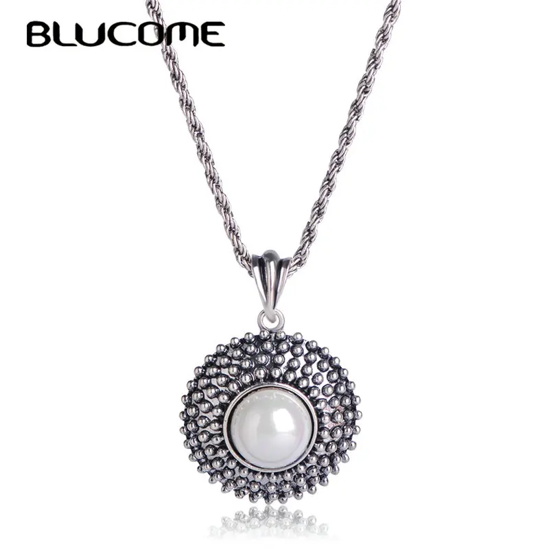 Vintage Style Round Necklace Pendant Antique Gold Color Chain Simulated Pearl Neck