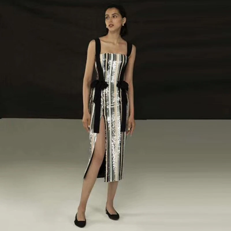 

2019 New Arrivals Faashion Silver Sequin Women Dress High Quality Spaghetti Strap Bodycon Midi Split Celebrity Party Dresses