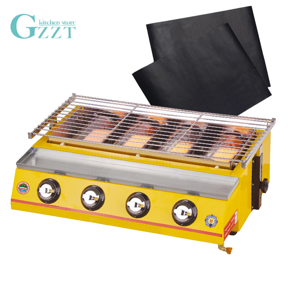 GZZT BBQ Grill 4 Burners Yellow/Stainless Steel LPG Gas Barbecue Grill Smokeless Glass/Steel Shield Buy One Get BBQ Mat Outdoors