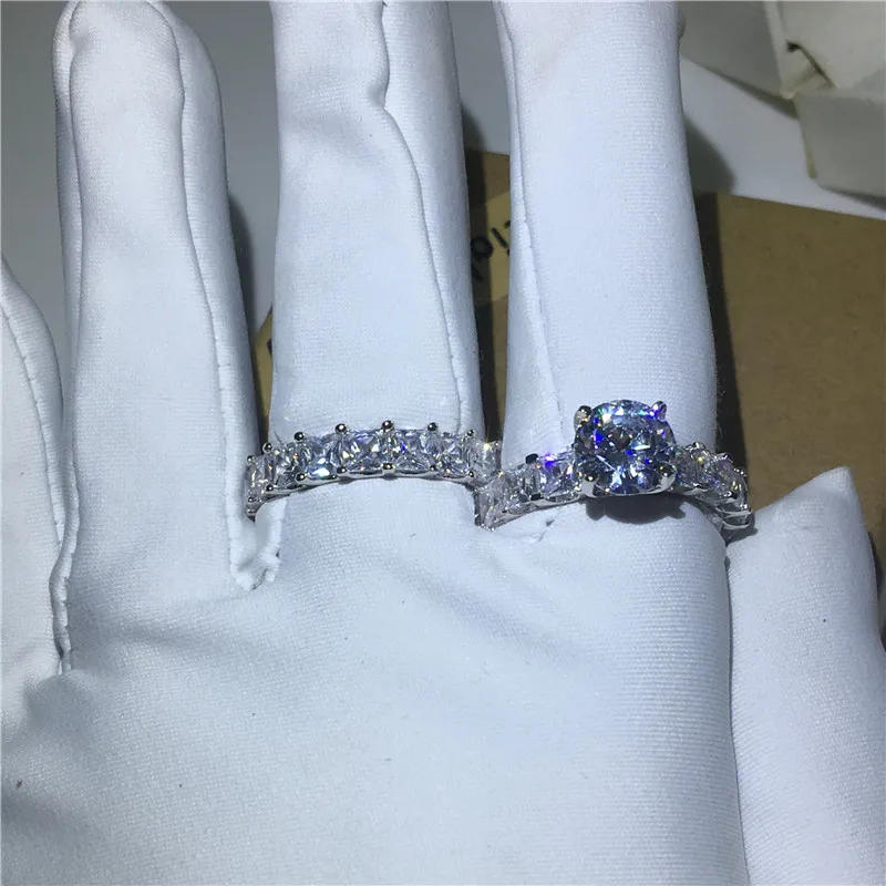 Кольцо ручной работы наборы свадебных ювелирных изделий 925 пробы серебро Принцесса cut Сона AAAA фианит Обручение обручальные кольца для женщин палец ювелирные изделия