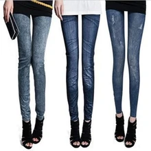 Модные тонкие женские Леггинсы искусственная лосины из джинсовой ткани пикантные длинные карман печати летние эластичные леггинсы