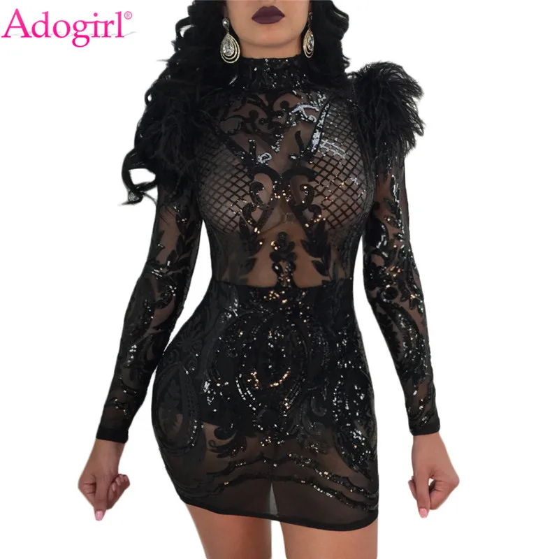 

Adogirl 2018 New Feather Shoulder Sequins Club Dress Sheer Turtleneck Long Sleeve Bodycon Party Dress High Stretch Vestidos