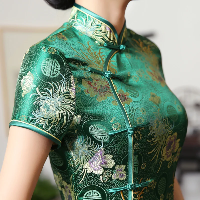 Ceny 2020 New High Fashion Green Rayon Cheongsam chiński klasyczny damski Qipao elegancki krótki rękaw nowość długa sukienka S 3XL C0136 D