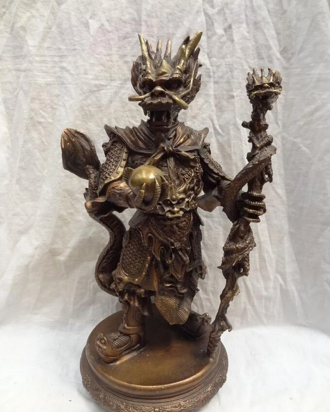 

USPS to USA S1699 17" China Bronze Protect FengShui Myth Dragon Head Warrior King God Ball Statue B0401