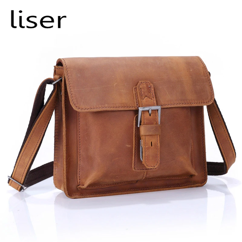 

Crazy Horse Leather Men's Small Shoulder Bag Casual Crossbody Bags for Men Vintage Single Shoulder Messenger Sling Pouch