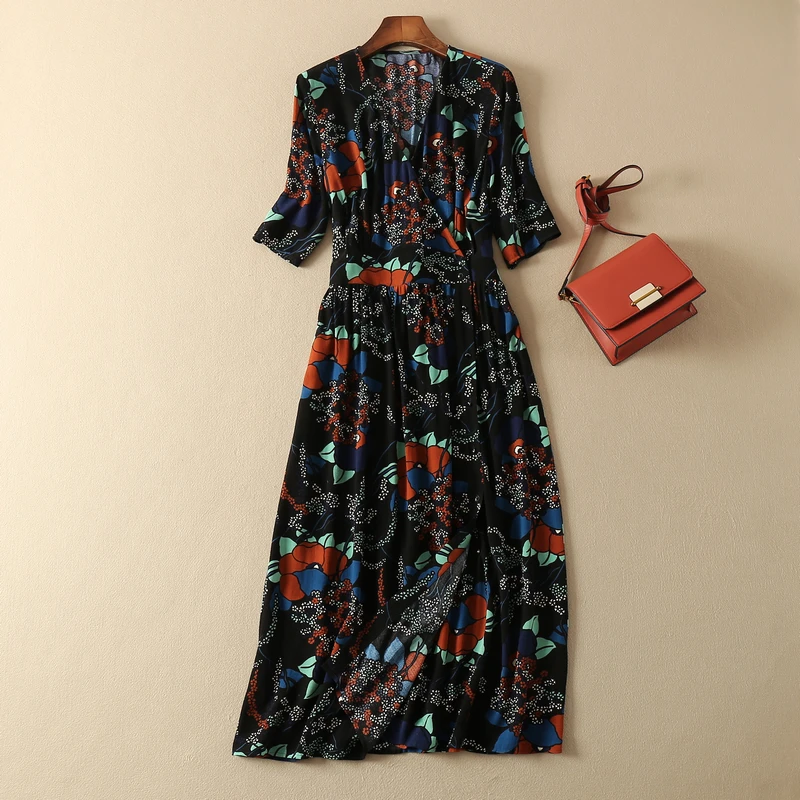 

Viscose 100% Women Wrap V Neck Print Button Front Midi Dress
