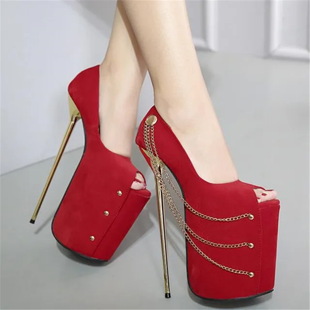 22 Cm Heel Womeny Suede Leather Red Black Metal Chainp Toe On The Platform 8 66 Inches Extreme Thin High Heels Pumps F45 22 Cm Heel Womeny Suede Leather Red Black Metal Chainp Toe On The Platform 8 66 Inches Extreme Thin High Heels Pumps F45