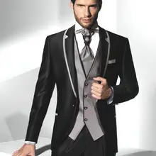 Черная куртка с серым воротником, Красивый смокинг для жениха, приталенный Свадебный костюм и костюм жениха, куртка+ брюки+ галстук+ жилет