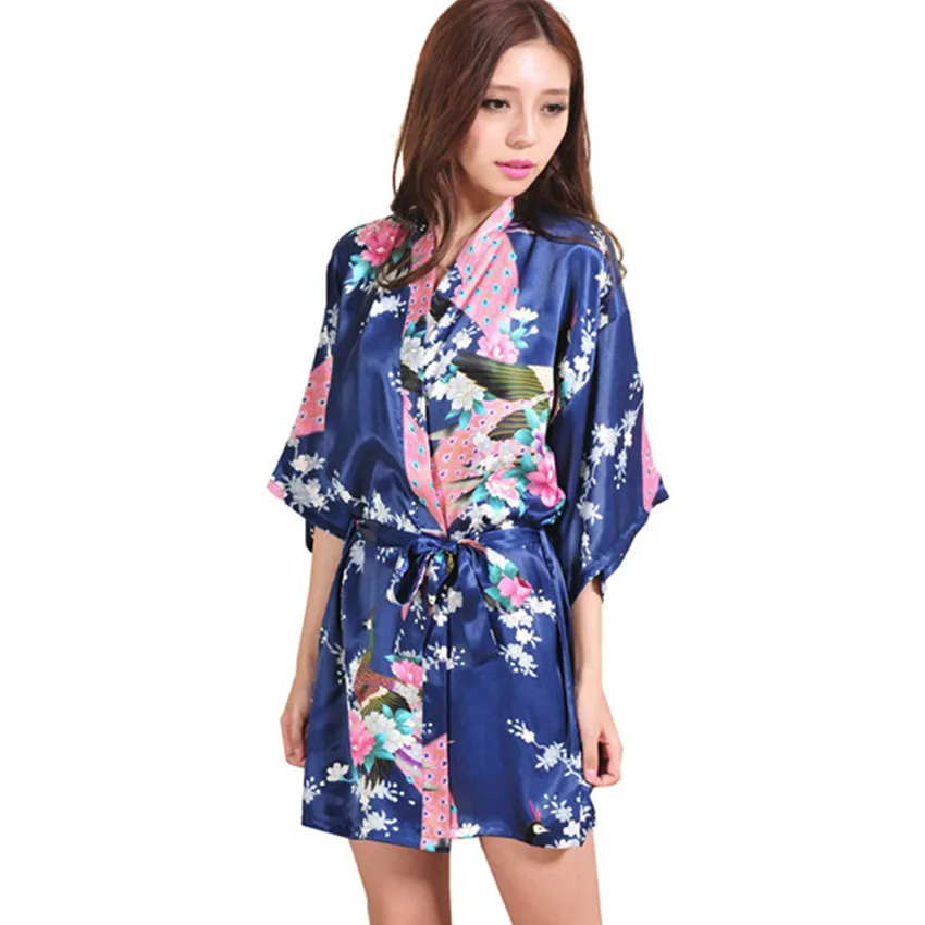 Hot Sale Navy Blue Women Kimono Robe Obi Japanese Yukata Geisha Dress Sexy Lingerie Rayon Nightgown