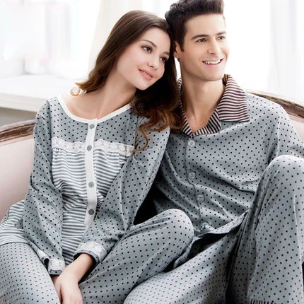 

Spring and Autumn Casual Cotton Dot Full Sleeve Lovers Female Or Male Lounge Sleepwear Set