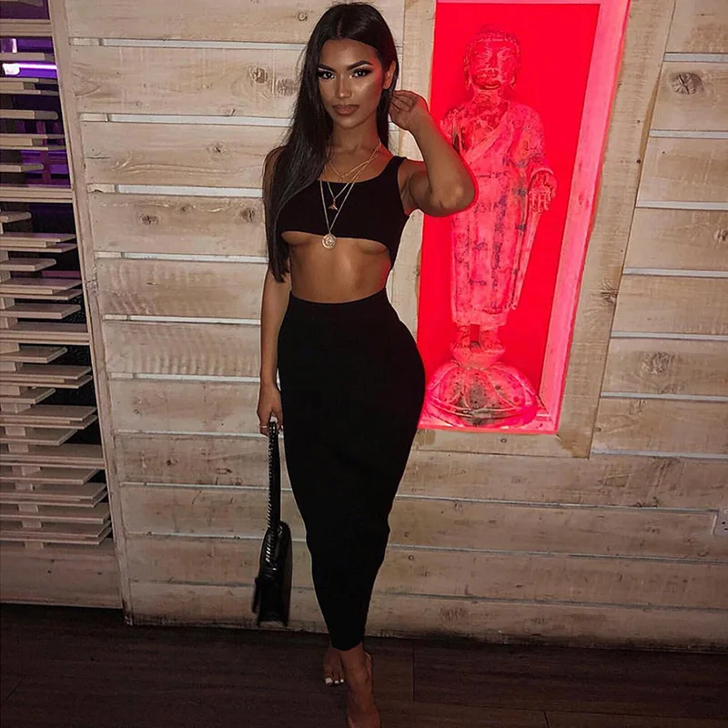 Hugcitar  spaghetti straps crop tops skirt 2 pieces sets 2019 summer women neon green solid party streetwear female slim elegant