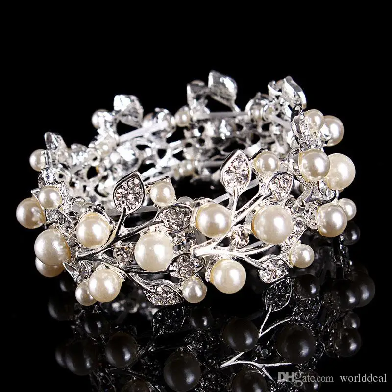 

50pcs/lot Ladies Jewelry Faux Pearls Bangle Bracelet With Crystals Party Wedding Bridal Hand Chain jb200