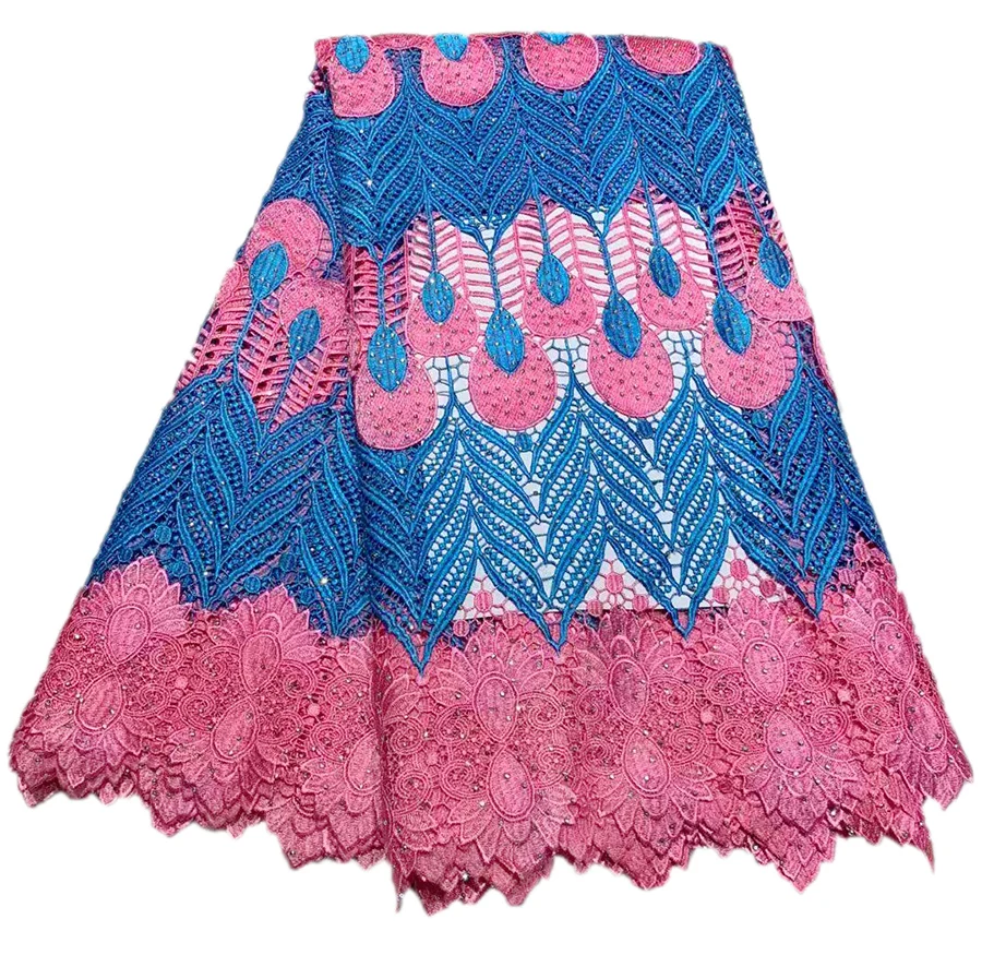 

Newest Blue+Pink High Quality African Lace Fabric Embroidery African Guipure Cord Lace With Stones Water soluble Lace Fabric