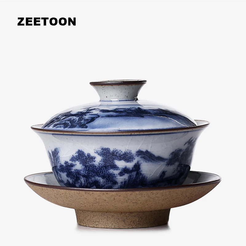 Синий и белый винтажный чайник Gaiwan в японском стиле грубая керамика стандартная