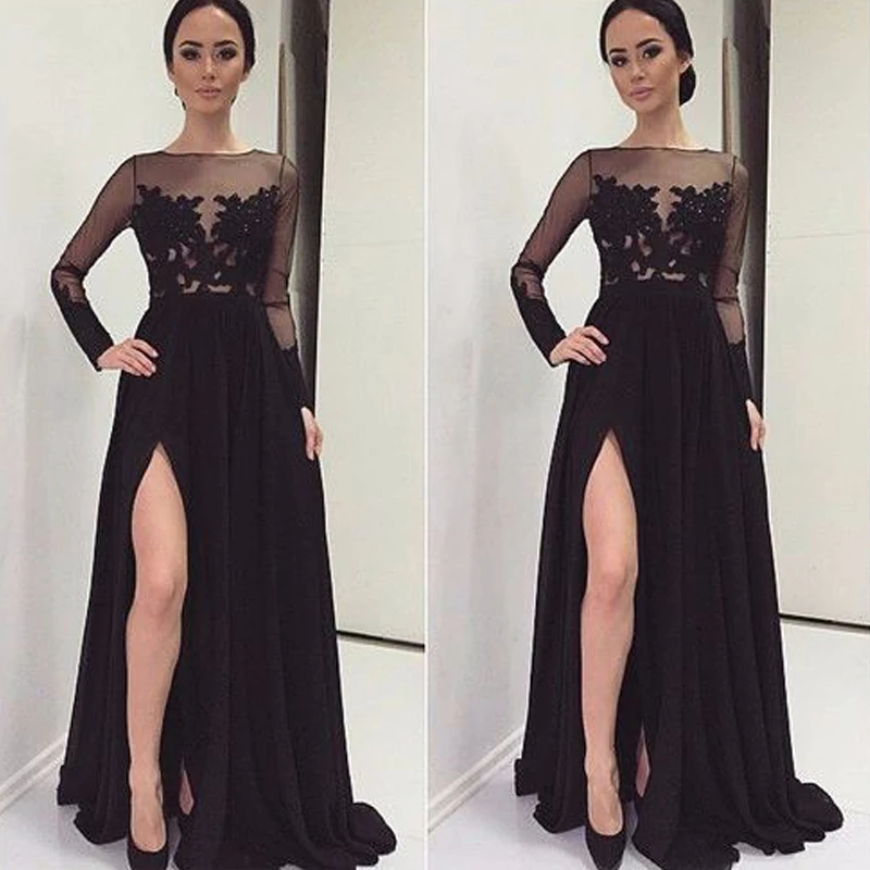 

2019 Custom Made Gorgeous Slit High Long Evening Dresses Black Chiffon Full Sleeves Lace See-Through Wedding Party Prom Gowns