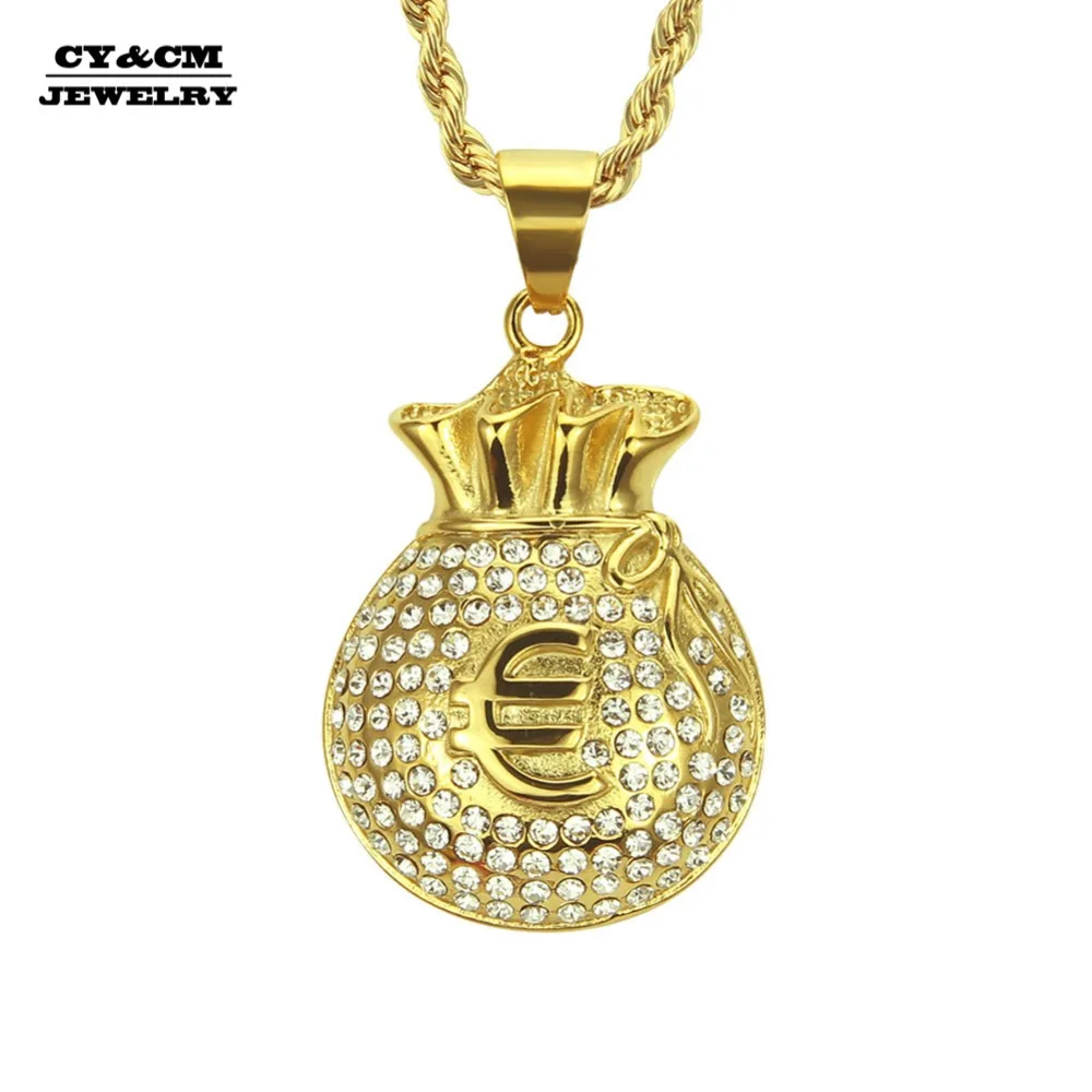 

CY&CM HIP Hop Gold Silver Iced Out Bling Euro Wallet Pound Purse Pendants Men Women Rhinestone Money Bag Necklaces Punk Jewelry