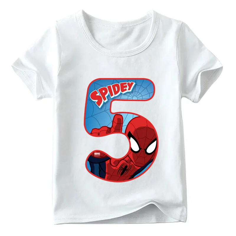 Футболка с принтом «Человек-паук» и «мстители» для мальчиков и девочек, футболка с принтом в виде банта, Детская футболка с героями мультфильмов, детская одежда для дня рождения с цифрами 1-9, ooo2429 - Цвет: White E