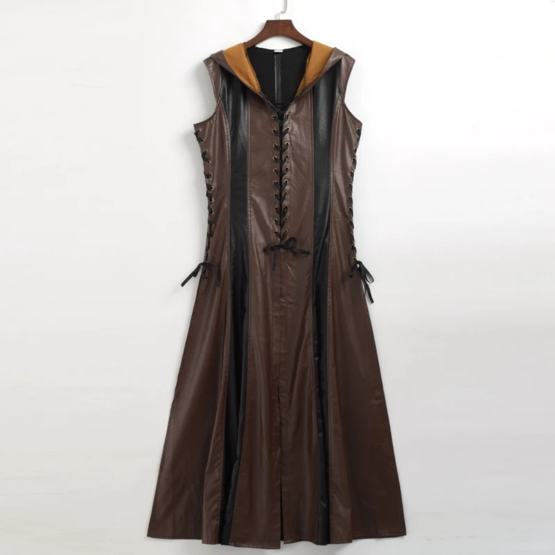 Сексуальное женское средневековое платье, тонкое, на шнуровке, колпак из искусственной кожи, длинное платье Ranger, пальто для взрослых, косплей, костюм на Хэллоуин - Цвет: Коричневый
