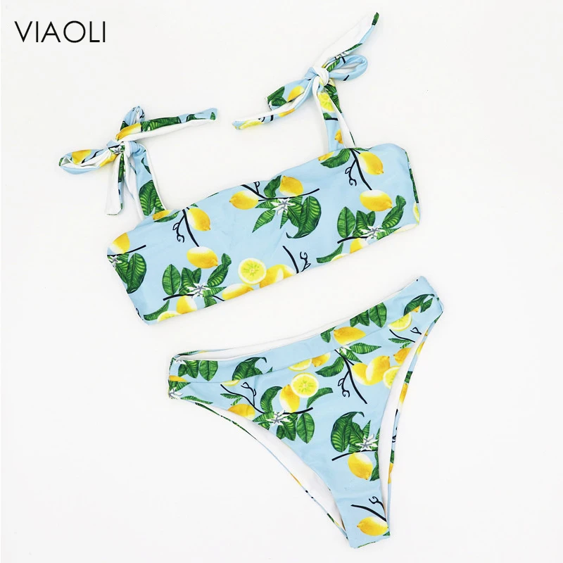 

New Lemon Print Bikini Set Women's High Waist Swimming Suit Swimwear Beachwear Sexy Shoulder Bandage Swimsuit Bathing 2018 Girls