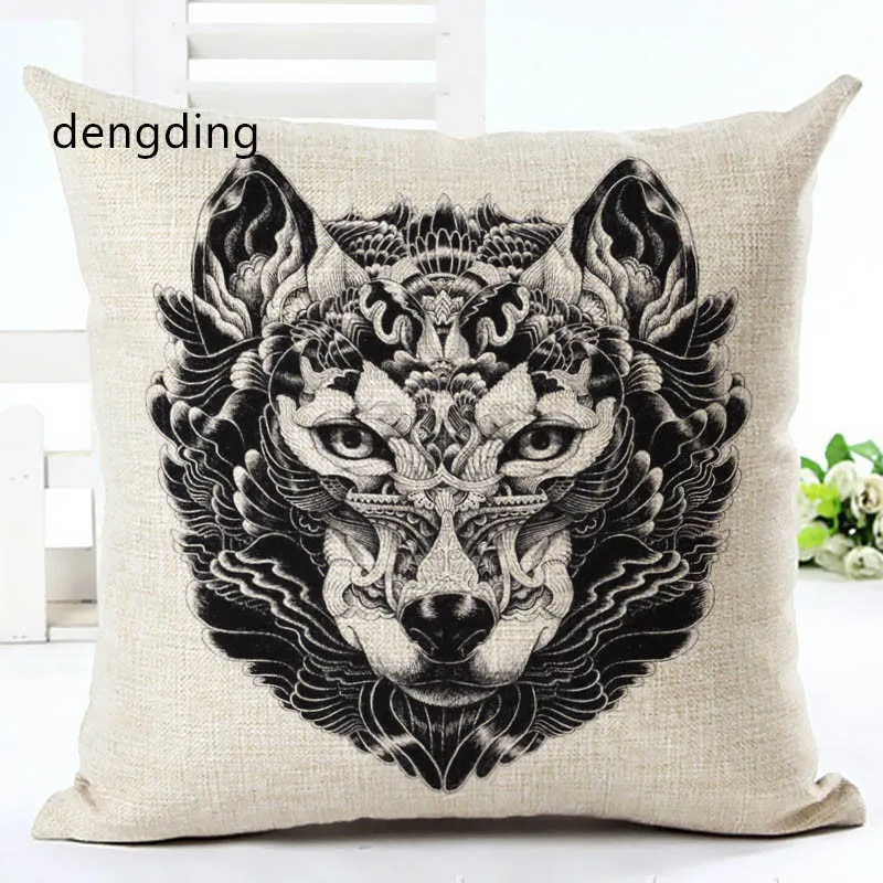 

couch pillows Black and White Wolf Totem Fox Printing Cotton Linen Wolf Pillow Case Decorative Pillowcases Cover