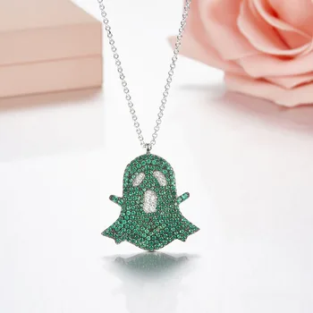 

SLJELY 100% 925 Sterling Silver Green 3A Cubic Zirconia Ghost Pendant Necklace Women Specter Adjustable Chain Choker Jewelry