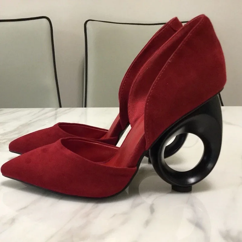 Туфли-лодочки с острым носком; женские туфли из натуральной кожи с круглым вырезом на необычном каблуке; Новинка года; zapatos mujer - Цвет: red
