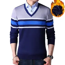 В полоску мужские пуловеры поддельные 2 предмета рубашки с длинным рукавом свитера мужские повседневные трикотаж плюс размер 4XL Зимний