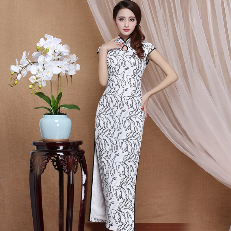Cheongsam Chinese Traditional Sequins Stand Collar Short Sleeve Mesh Polyester Fiber Chinese Style Slim Cheongsam Long
