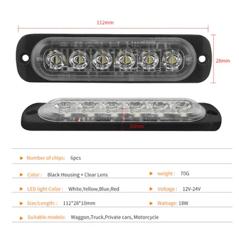 

18W 6LED Car Slim Flash Light Bar Waterproof Vehicle Emergency Warning Strobe Lamp 12V 24V Multifold Flashing Modes for Truck