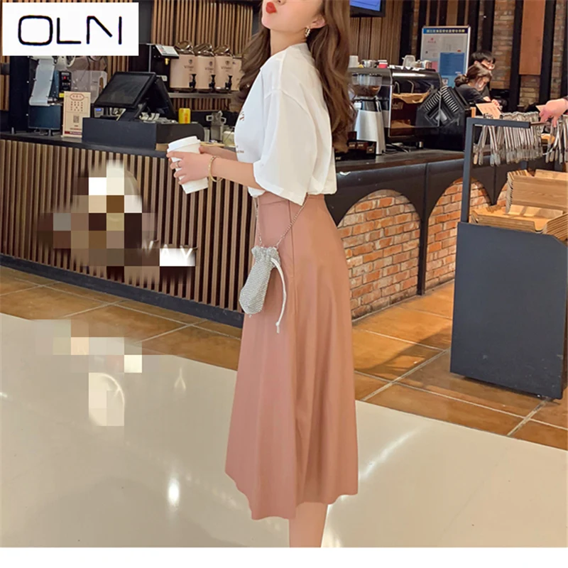 Юбка новая Корейская футболка с простым принтом Dongdaemun + супер мягкая кожаная юбка