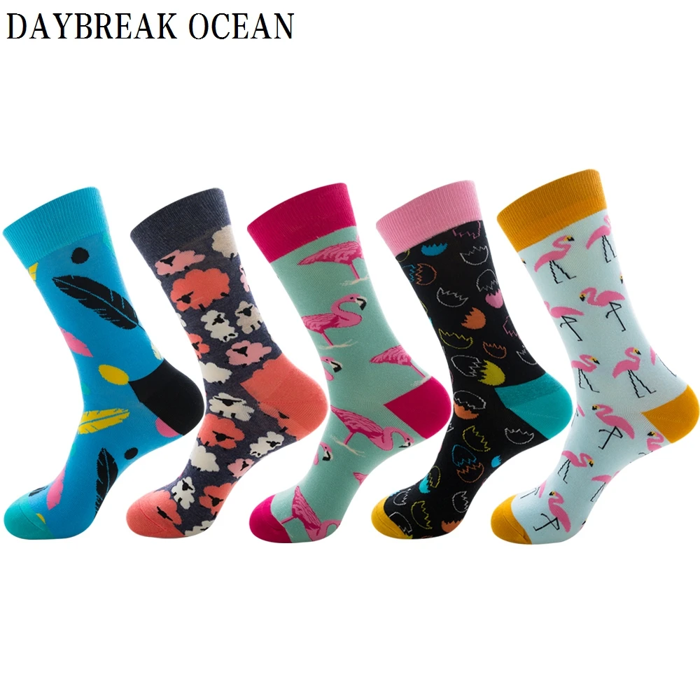 

Unisex 5 Pairs Colorful Flamingo Combed Cotton Socks Fashion Autumn Happy Men's Long Socks Dress Party Wedding Funny Crew Socks