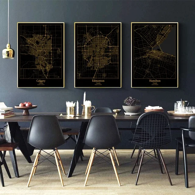 Billige Hamilton Mississauga Ottawa Toronto Kanada Stadt Karte Schwarz und Gold Karte Leinwand Kunstdruck Wand Bilder für Wohnzimmer Keine rahmen