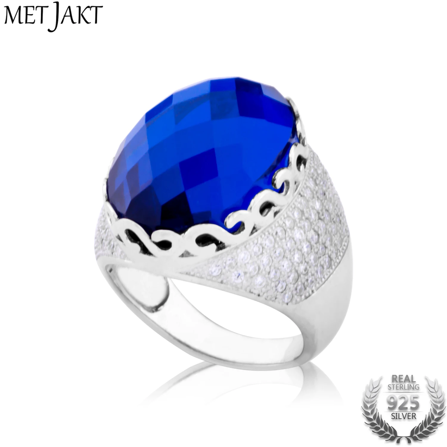 MetJakt Vintage Sapphire Ring for Women Handmade Checkerboard Cutting Sapphire Solid 925 Sterling Silver Jewelry