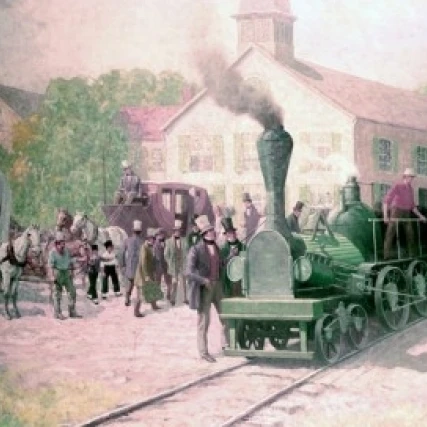 The Iron Horse Invades a Town  by Herbert D. Stitt  1839 Poster Print (24 x 36)