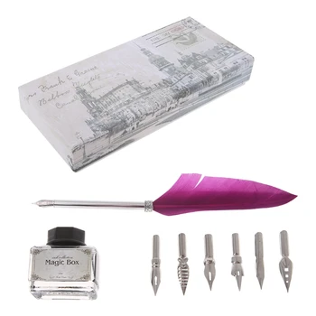 

Antique Feather Metal Nibbed Pen Dip Writing Quill With Ink Steel Tips Gift Box