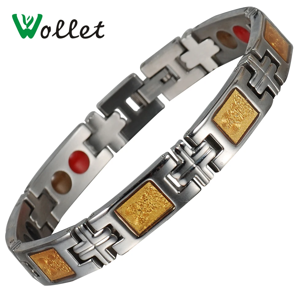 

2014 WOLLET gold foil health bracelet men stainless steel energy magnetic bracelet