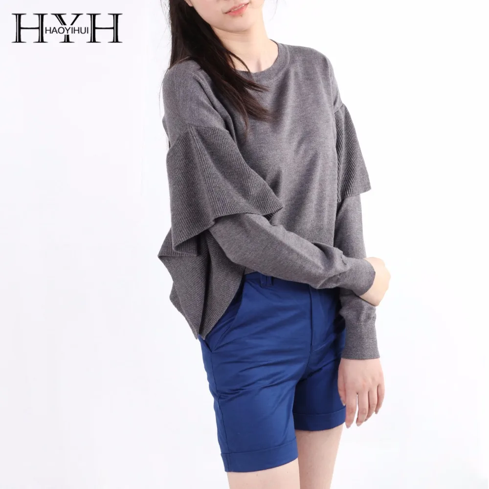 

HYH HAOYIHUI 2017Autumn Solid Dark Grey Female Sweaters O-Neck Butterfly Sleeves Short Women Jumpers Casual Ruffle Knit Sweaters