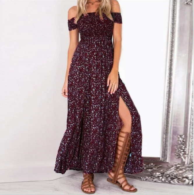 New Fashion Women Boho Off shoulder High Waist Short Sleeve Maxi Dress Ladeis Summer Floral Beach Casual Long Sundress macys dresses