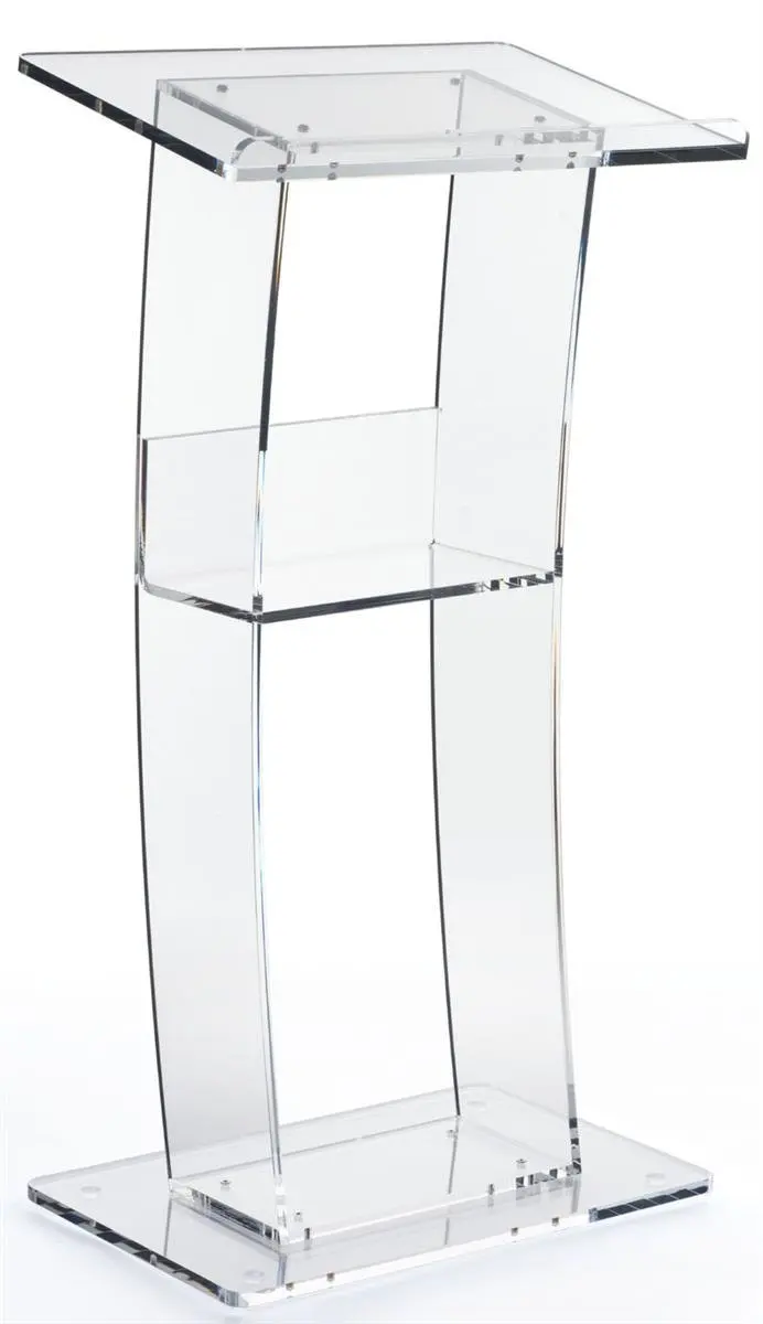Clear Lectern with Curved Pedestal 1/2-Inch Thick Acrylic Frame Built-in Shelf Easy To Assemble Hardware Included -46" H x14" W