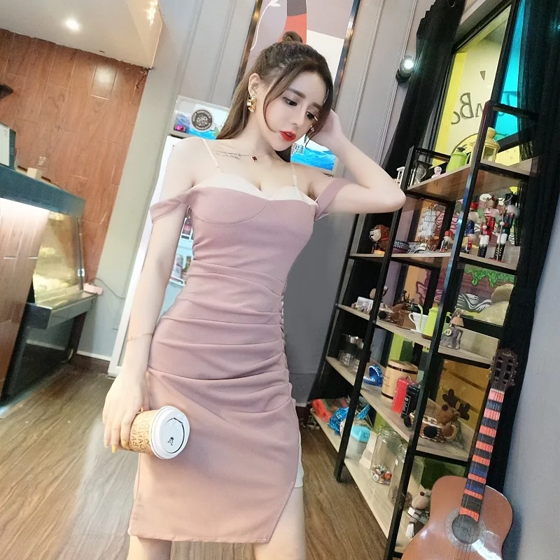 2018 New Arrivals Summer Women sexy Brassiere  strapless  A word collar  fold  Forking Paty  Dress Free Shipping