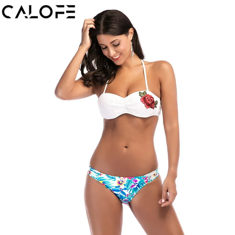 

CALOFE Sexy 2018 Women Bikini Set Push Up Flower embroidery Print Swimsuit Low Waist Women Thong Swimwear Beach Swimming Suit